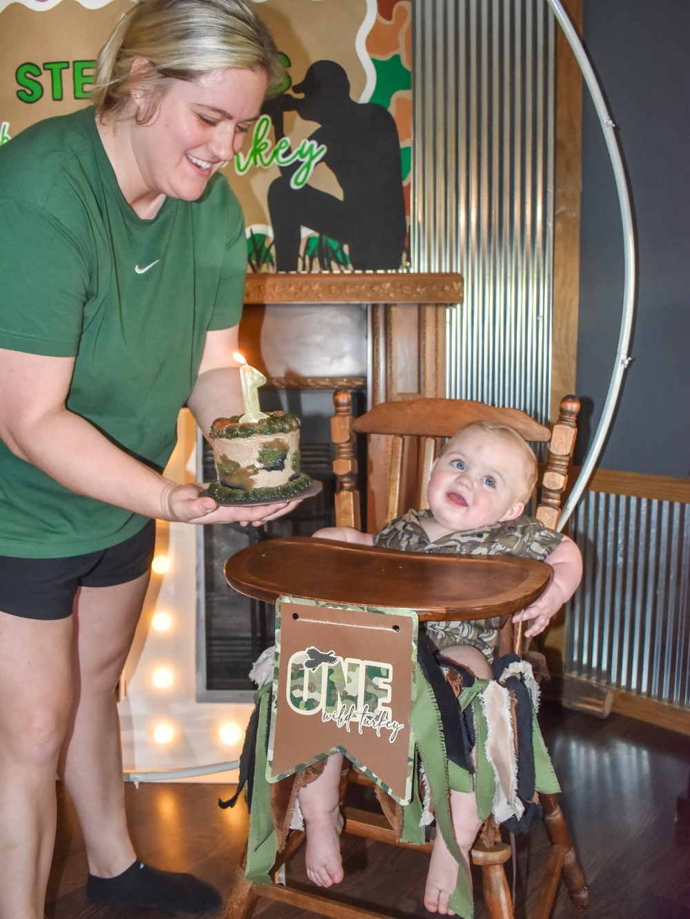 Camo High Chair Banner - 'ONE' First Birthday Green & Brown